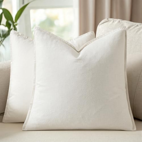 26x26 Inch Set of 2 Euro Sham Decorative Linen Solid Throw Pillow Covers Boho Accent Farmhouse Pillowcases Modern Netural Home Decor for Bed Couch Sofa Living Room,Cream White