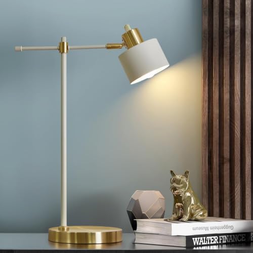 22.2" Modern Desk Lamp, Metal Table Lamp with LED Bulb, Adjustable Reading Lamps for Living Room, Mid Century Task Lamp for Home Office, Industrial Bedside Lamps, Cream and Gold