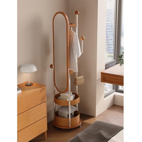 Decorative Wooden Full-Length Dressing Mirror Household Floor Rotating Coat Rack for Living Room