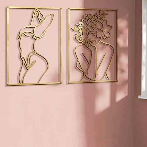 Glamativity 4 Pack Gold Wall Art Decor, Minimalist Single Line Real Metal Wall Art, Woman's Body Shape Abstract Wall Art (Gold Classic Style, 17 x 11.8'')