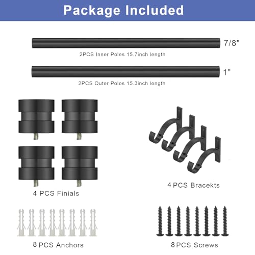 2 Pack Single Curtain Rods, 1Inch Diameter Telescoping Drapery Window Curtain Rod 16-28Inch(1.3-2.3ft) Rod Length, Matte Black