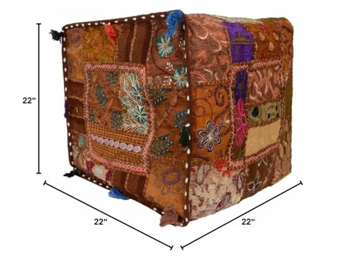 22" Indian Ethnic Cotton Ottoman Vintage Embroidered Patchwork Square Pouf