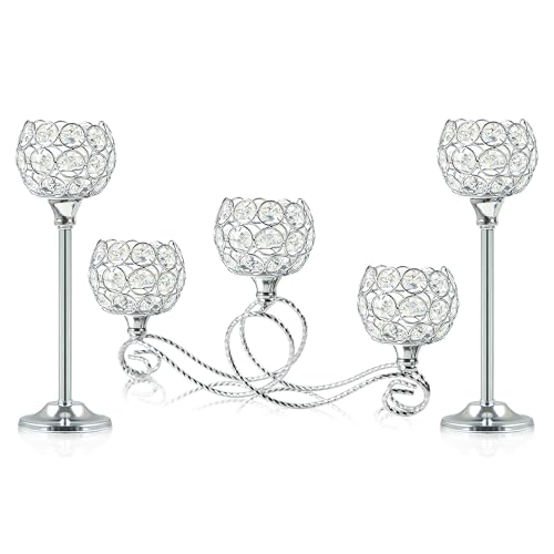 Silver 5 Arm Metal Crystal Tea Light Candle Holder, Elegant Wedding Table Centerpiece Candle Holder, Christmas Wishing Crystal Bowl Candle Holder Suitable for Wedding Party Living Room Decoration
