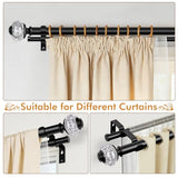 1 Inch Black Double Curtain Rod for Windows 66 to 120 Inches (5.5 to 10 Ft), USFOOK Adjustable Curtain Pole, Crystal Window Treatment Rods for Sliding Glass Door, Wall mounted