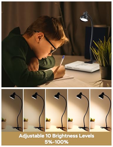 Clip-on Reading Light - 3 Color Modes, 10 Dimmable Brightness, Eye Care Clamp Desk Lamp with Flexible Gooseneck for Reading in Bed, Desk, Headboard, Computer