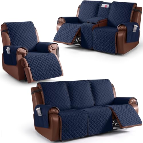 KinCam 100% Waterproof Recliner Loveseat Cover with Console X1, Recliner Couch Covers X1, Recliner Chair Covers X1(Dark Blue)