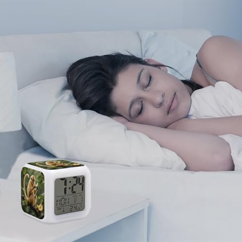 Golden Monkey 7 Color Changing Alarm Clock Adults Cube Digital Night Light with Calendar Temperature Display Wake Up LED Alarm Clock for Bedroom Office Bedside Desk