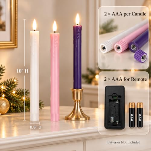 Christmas Flameless Advent Candles, Taper Church Christian Decor, Real Wax