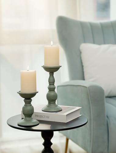 Sziqiqi Pillar Candles Holders for Table Centerpiece, Set of 2, Sage Green