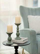 Sziqiqi Pillar Candles Holders for Table Centerpiece, Set of 2, Sage Green
