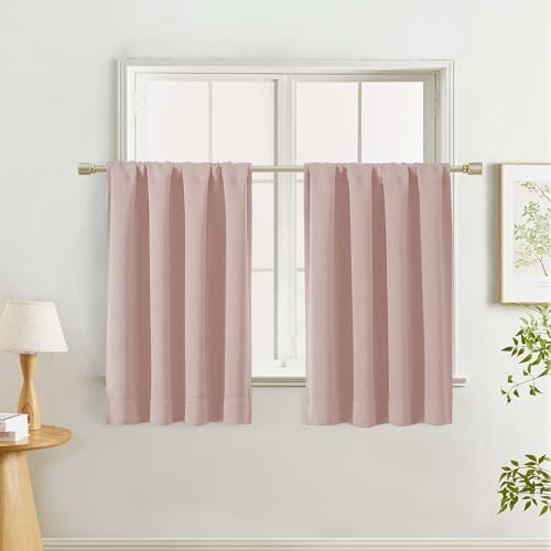 Lecloud Blush Pink Kitchen Curtains 36 Inch Length 2 Panels, Soft Privacy Window Short Curtains, Thermal Insulated Rod Pocket Curtain Tiers for Bedroom Bathroom Small Windows, 40" W x 36" L