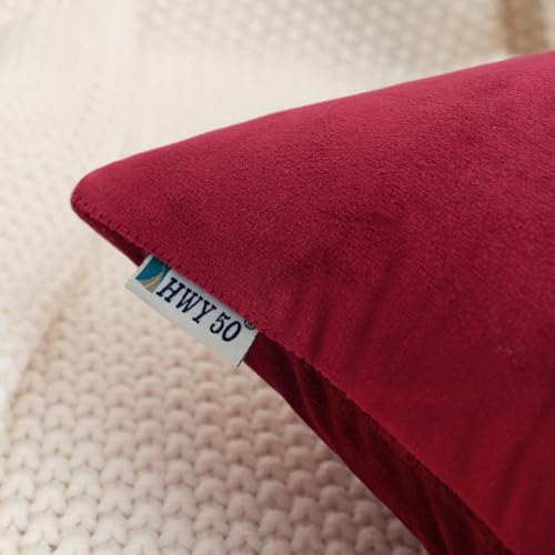 HWY 50 Burgundy Red Velvet Throw Pillow Covers 18x18 Inch, Pack of 2 Soft Cozy Solid Decorative Luxury Cushion Cases for Couch Sofa Bed Living Room Bedroom