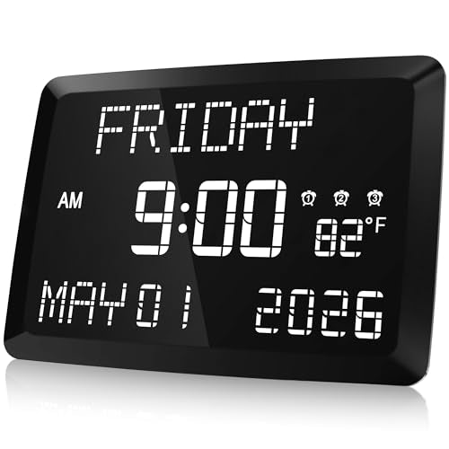 Raynic Digital Clock, 11.5" Large Display Calendar Clock with Day and Date, Indoor Temperature, Adjustable Brightness, Snooze,12/24H, DST for Home, Office, Elderly