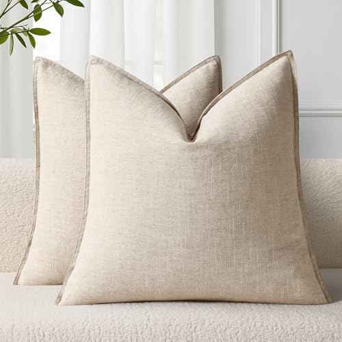 decorUhome Fall Decorative Linen Throw Pillow Covers 18x18 Inch Set of 2 Natural Beige Pillow Covers with Flange Edges Soft Farmhouse Boho Accent Pillow Cases for Couch Bed Living Room