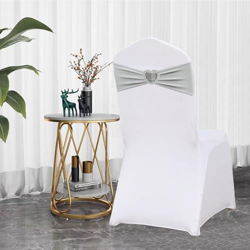 Silver Grey Chair Sashes 50 Pack Spandex Grey Sashes for Chairs Covers Universal Stretch Chair Sashes Band with Heart Buckle Slider for Wedding Banquet Party Decorations