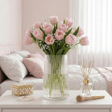 Clear Glass Vase for Flower, Flower Vase for Bouquet, Modern Glass Vases, Ribbed Vases for Living Room, Bedroom, Dining Table, Office, Wedding, Centerpieces, 8 Inches