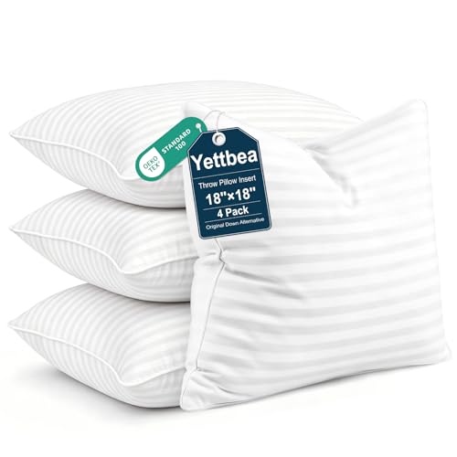 Yettbea 18x18 Inches Pillow Inserts Set of 4- Premium Soft Down Alternative Fill, Decorative Throw Pillows for Couch, Bed & Sofa, Supportive White Striped Bedroom Pillow Forms