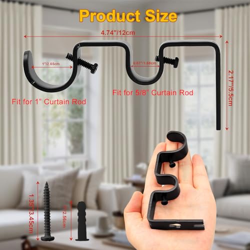Double Curtain Rod Bracket,2 Pack Metal Curtain Rod Hooks for Wall,Sturdy Curtain Rod Brackets with Screws,Black Wall Mounted Curtain Rod Holders for Bedroom Living Room Office