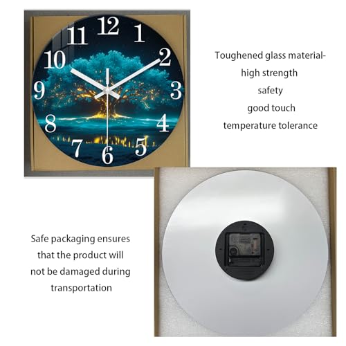 XNM Modern Decorative Glass Wall Clocks Battery Operated 12 Inch Teal Tree of Life Wall Clocks for Living Room Kitchen Bedroom Office Decor Natural Landscape Analog Wall Clock Silent