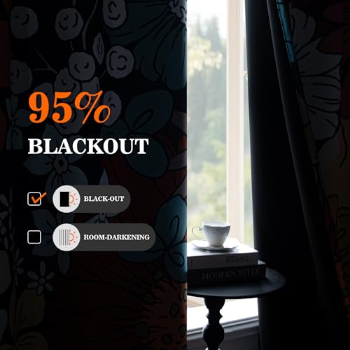 MYSKY HOME Boho Floral Blackout Curtains 84 inch Long for Living Room Thermal Insulated Privacy Protect Noise Reduction Black Out Flower Pattern Grommet Drapes for Dining Room Bedroom, 2 Pcs, 52" Wide