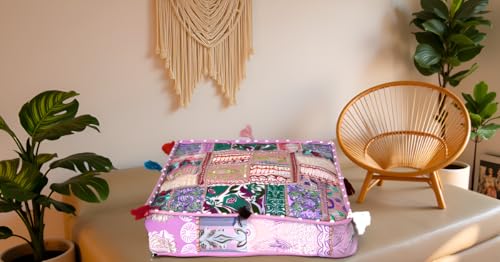 CRAFT KALA Indian Square Patchwork Traditional Pouf Cover Indian Living Room Poufs Decorative Embroidered Designer Ottoman Home Living Footstool Chair Cover Decor Pillow Cover 18x18x5 inches Baby Pink