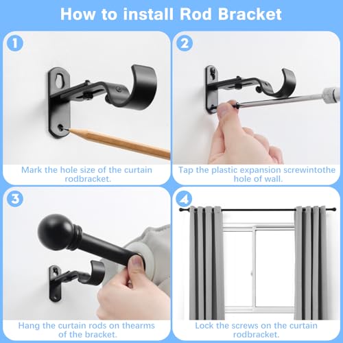 Curtain Rods for Windows 16 to 48 Inches, Curtain Rod Max Adjustable Length of 60 IN, 1" Diameter Drapery Rods Round Finials, Black, Pack of 1