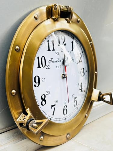 Franklin Murphy's Analog Beautiful Nautical Porthole Wall Clock, Antique Brass Finish, 12" Aluminum with Glass Face, Maritime Decor, Battery Operated Home Decor