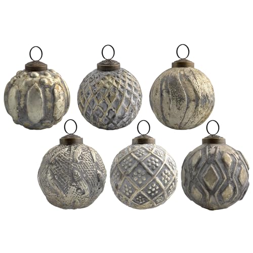 AuldHome Design Farmhouse Ball Ornaments (Set of 6, Gold/Silver); Distressed Metal Glass Ball Vintage Style Christmas Decorations