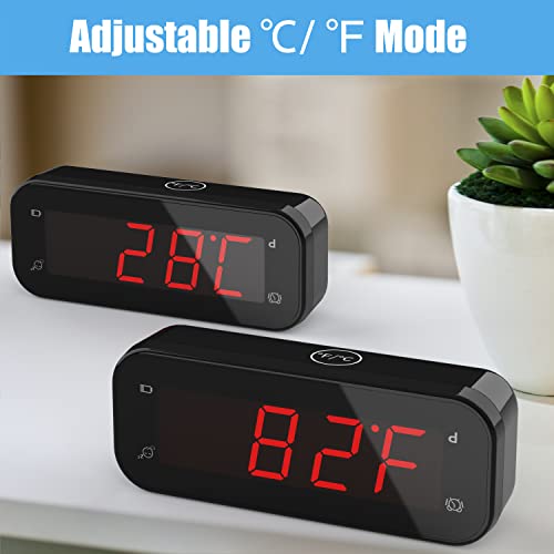 KWANWA 2-in-1 Digital Alarm Clock with Indoor Thermometer – Flip to Show Temperature, Battery Operated, LED Display, Adjustable Brightness, Auto Dimming, Snooze, Portable Size, Travel Clock for Office