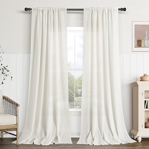Guken Linen Curtains 84 Inches Long for Living Room Rod Pocket Natural Cream Semi Sheer Curtain 2 Panels Set Boho Farmhouse Light Filtering Window Drapes for Bedroom Beige Ivory 52x84