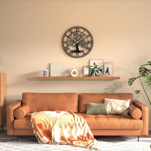 Micasso Wall Clocks Battery Operated: 21Inch Farmhouse Tree of Life Metal with Wood Frame - Rustic Roman Numerals Clock for Bedroom/Home Office/Living Room - Home Decor for Trendy Fashionistas