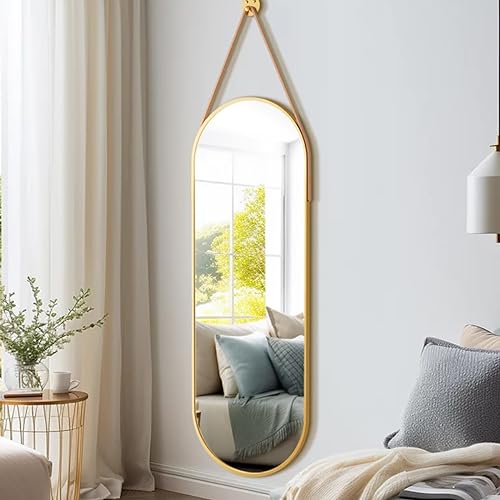 Dewfig 16"x48" Oval Full Length Mirror with Leather Strap Hanging Mirror with Aluminum Frame, Oval Gold Wall-Mounted Mirrors for Living Room Bedroom Entryway Décor, Gold