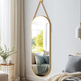 Dewfig 16"x48" Oval Full Length Mirror with Leather Strap Hanging Mirror with Aluminum Frame, Oval Gold Wall-Mounted Mirrors for Living Room Bedroom Entryway Décor, Gold