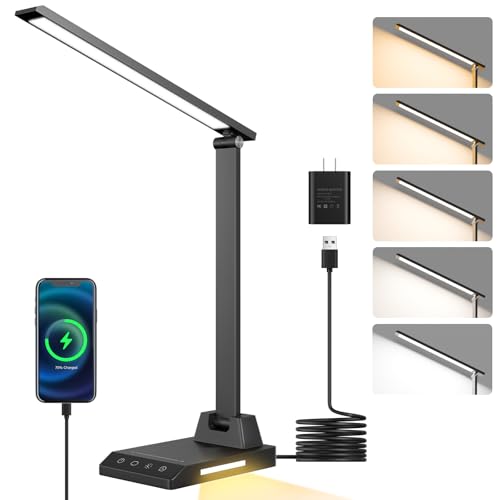 LED Desk Lamp with USB-C Charging Port, Dimmable Desk Lamp for Home Office, Eye-Caring Reading Lamp with 25 Lighting Modes, Small Desk Light for Bedroom Nightstand with Adapter