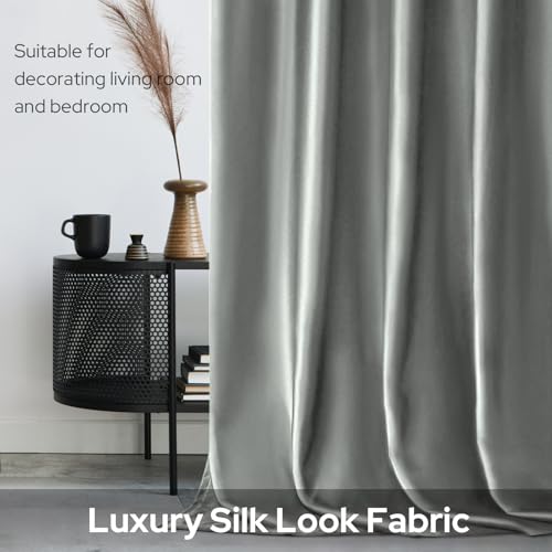 HOMEIDEAS 2 Panels Silver Grey Faux Silk Blackout Luxury Curtains, 52 X 84 Inch Room Darkening Satin Thermal Insulated Window Drapes for Bedroom Decor, Indoor