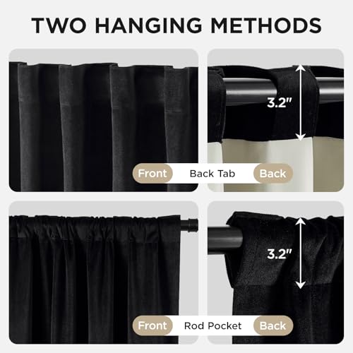 Joydeco 100% Blackout Velvet Curtains 84 Inch, Luxury Thermal Insulated Black Velvet Curtains for Bedroom Living Room, Soundproof Blackout Window Drapes, Rod Pocket & Back Tab (52W x 84L)