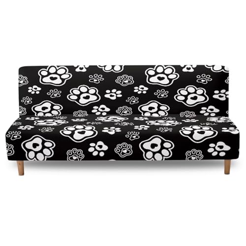Paws Heart Print White Black Stretch Futon Cover with Elastic Bottom Armless Futon Mattress Cover Dustproof Cozy Couch Covers Scratch Resistant Sofa Bed Slipcover