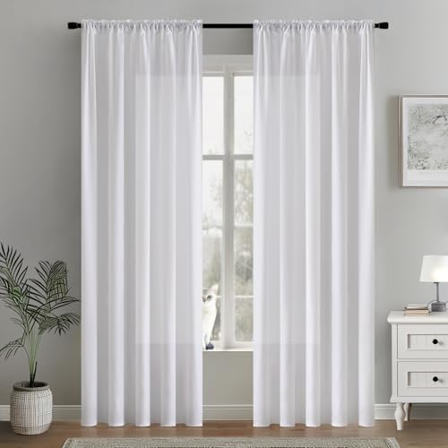 MIULEE White Privacy Sheer Curtains that Let Light in 84 Inches Long Non-See-Through Semi Sheer Curtains Light Filtering Window Curtains Drapes for Living Room Bedroom 2 Panels Set