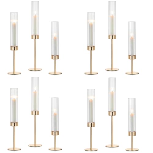 Hewory Gold Hurricane Candle Holders: 12 PCS Tall Taper Candlestick Candle Holders Bulk for Candlesticks Candle Sticks Holder Decor for Table Centerpiece Wedding Party Christmas Decorations