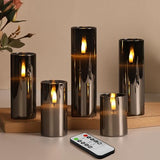 Grey Glass Flameless Pillar Candles with Remote Batteries Set of 5