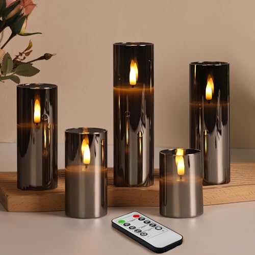 Grey Glass Flameless Pillar Candles with Remote Batteries Set of 5