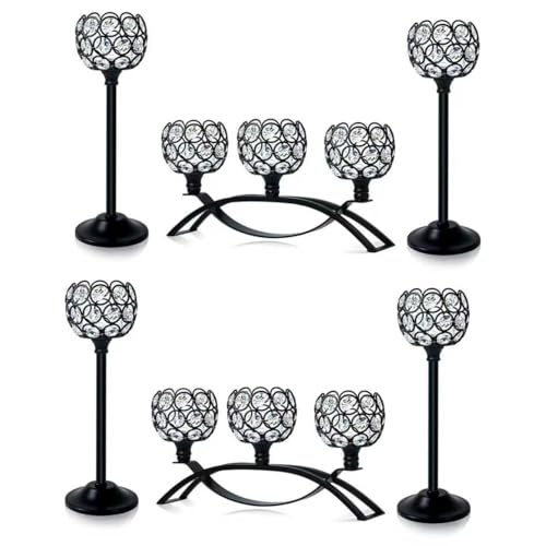 Crystal Tealight Candle Holder Centerpiece Home Decorative Candlestick Holder Elegant Table Centerpiece Home Decor Wedding Party Anniversary (Black, Set of 6)