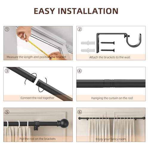 SMODBRODRE Black Curtain Rods for Window 28 to 48, 5/8 inch Small Decorative Curtain Rod Set with Brackets