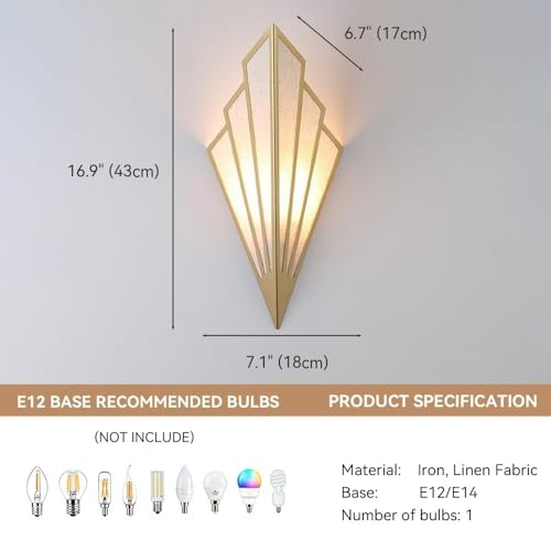 Modern Art Deco Wall Sconce, Iron Fan Shaped Wall Light Fixture, Minimalist Linen Fabric Sconce with Metal Accents, Hardwired Wall Lamp for Bedroom Living Room Hallway Corridor Parlor(Gold)