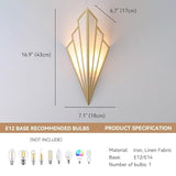 Modern Art Deco Wall Sconce, Iron Fan Shaped Wall Light Fixture, Minimalist Linen Fabric Sconce with Metal Accents, Hardwired Wall Lamp for Bedroom Living Room Hallway Corridor Parlor(Gold)