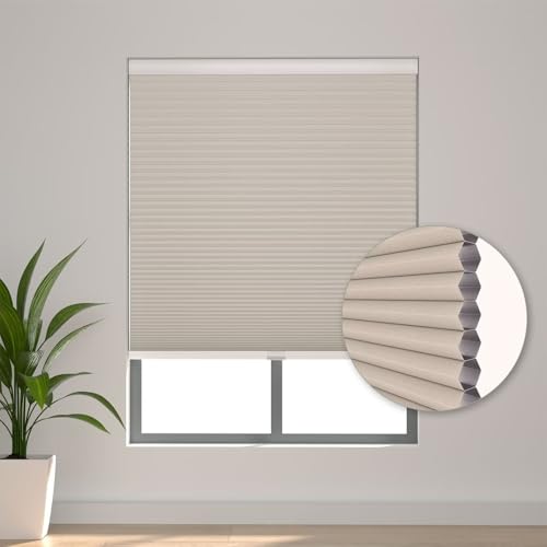 Changshade Cordless Cellular Shades, Blackout Room Darkening Black Out Honeycomb Blinds for Indoor Windows Bedroom, Pull Down Pleated Accordion Blind Easy Install, Shade Size 44" Wx72 H, Beige