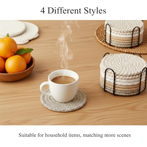 Drink Coasters Set of 8 with Holder – Cotton Woven Absorbent Coasters, 4 Colors for Coffee, Beer, Drinks & Tabletop Protection