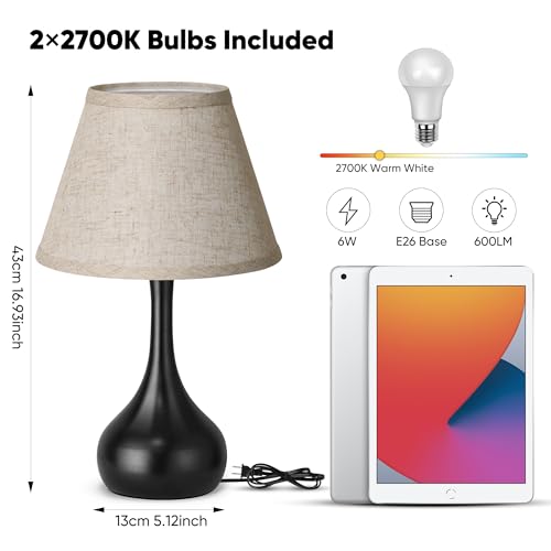 Touch Table Lamp for Bedroom Set of 2, 3-Way Dimmable Bedside Lamp for Nightstand, 17” Farmhouse Metal Desk Lamp with Linen Shade for Living Room, Kids Reading, Dorm, Home Office Decor, Bulb Included