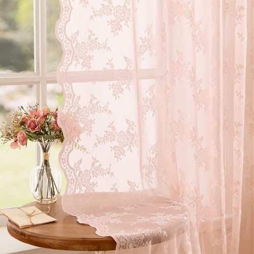 MEETSKY Pink Lace Curtains 63 Inch Length, Sheer Pink Curtain for Girls Room, Floral Vintage Light Filtering Short Curtains for Bedroom Princess Room, Lace Drapes 2 Panels, Each Panel 50W x 63L