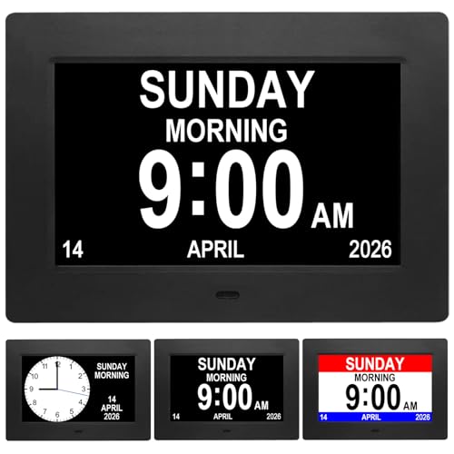 Digital Calendar Alarm Day Clock for Senior, Dementia Clock with HD Screen, Remote Control, Adjustable Brightness, Multiple Alarm Options, Alarm Clock Ideal for Alzheimers & Memory Loss